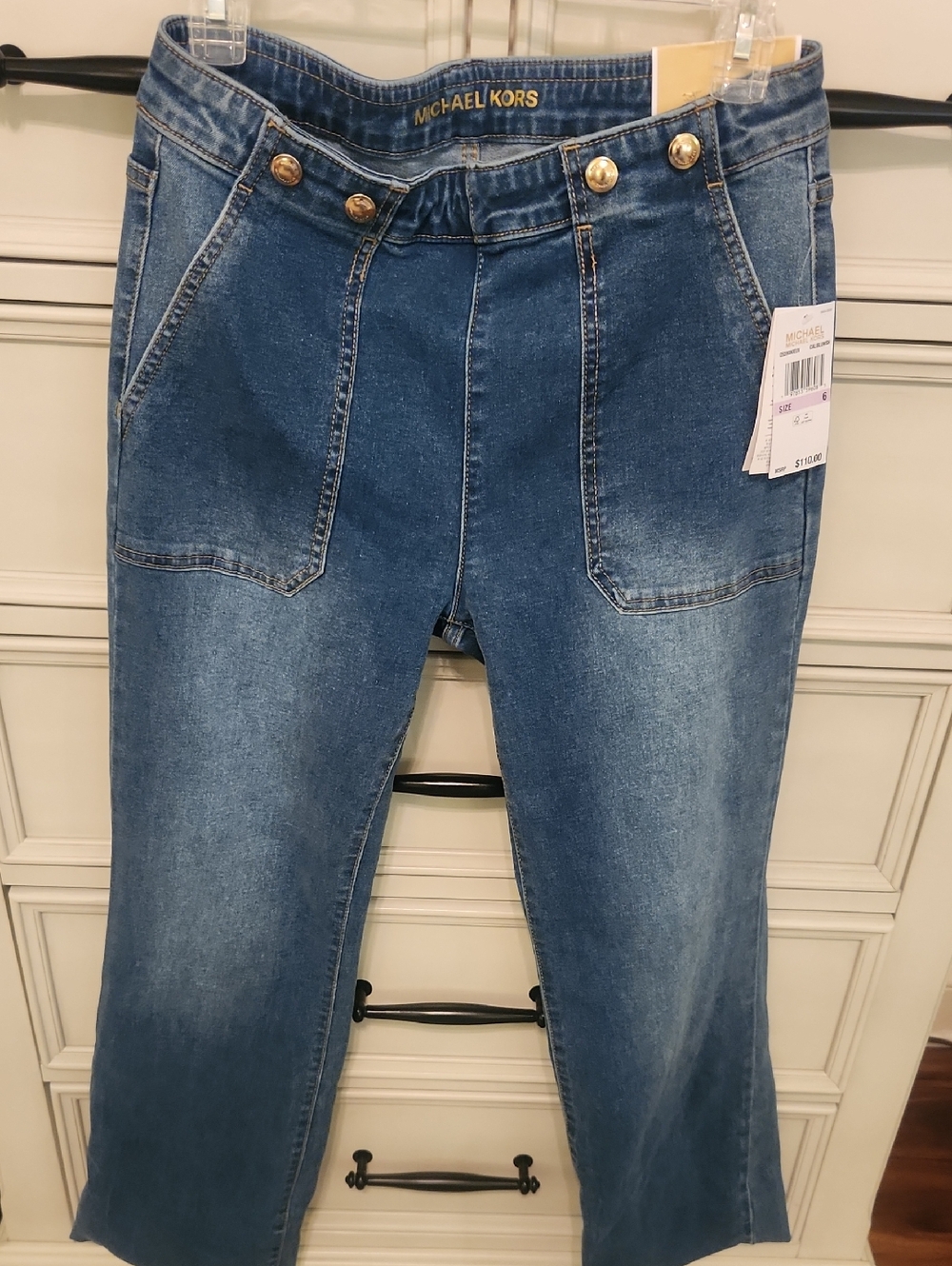 Michael Kors Mid-Blue Straight Leg Jeans with Gold Buttons
